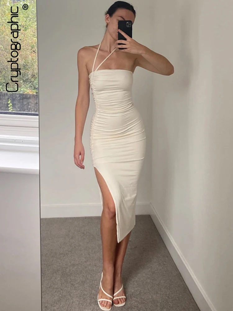 

Cryptographic Drawstring Ruched Halter Split Midi Dress for Women Club Party Backless Sleeveless Summer Bodycon Dresses Clothes