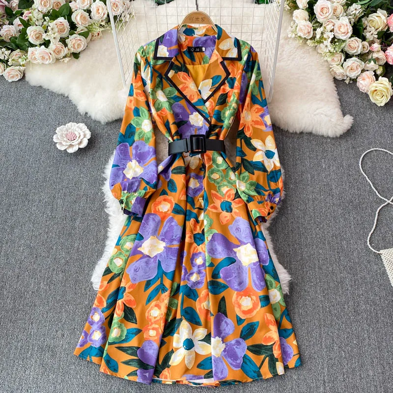 

Autumn Winter Flower Print Coat Female Notched Collar Long Sleeve Double-breasted Lace-up Windbreaker Runway Design Dress S59098