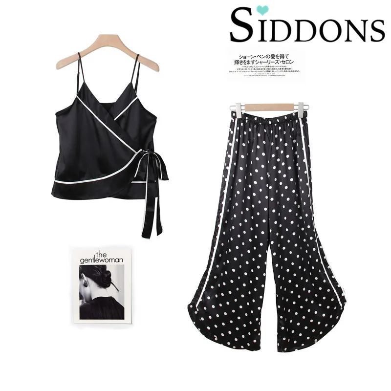 Сексуальный комплект из черных брюк и пижам в горошек шелковистый пижамный на