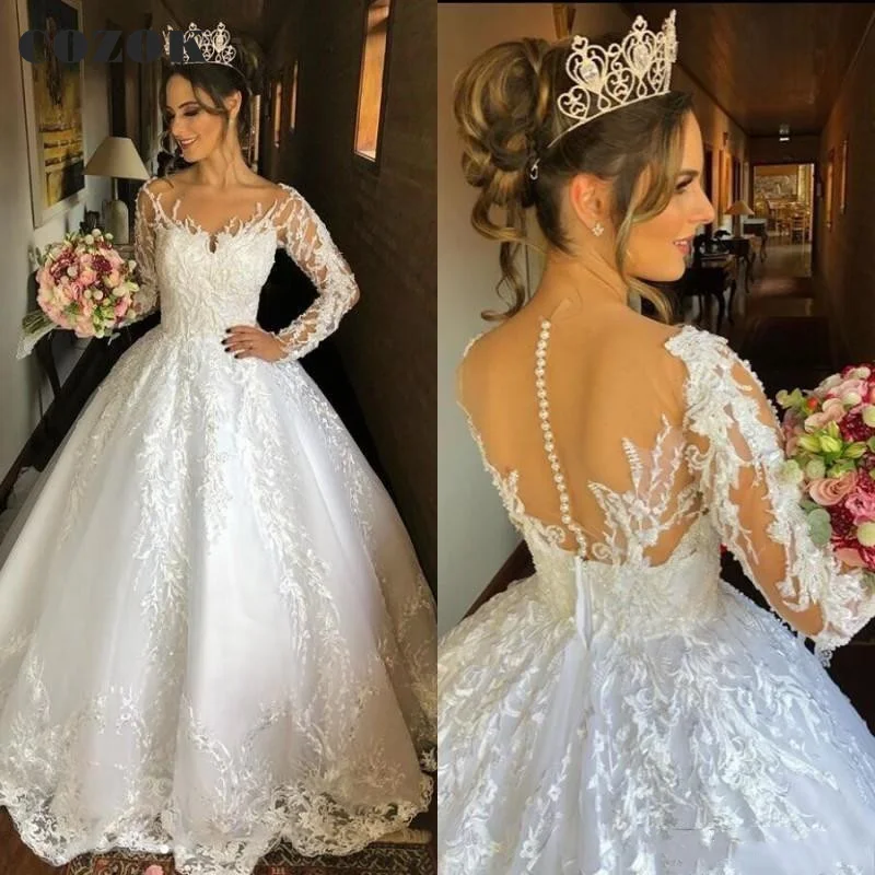 

Elegant Wedding Dresses for Women Ball Gown Sleeve Tulle Lace Crystal Beaded Formal Bride Gowns CO49