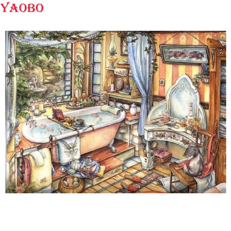 

Full Square round Diamond Embroidery Rhinestone Bathroom Bathtub Pattern 5D diy Diamond Painting Cross Stitch Mosaic Art