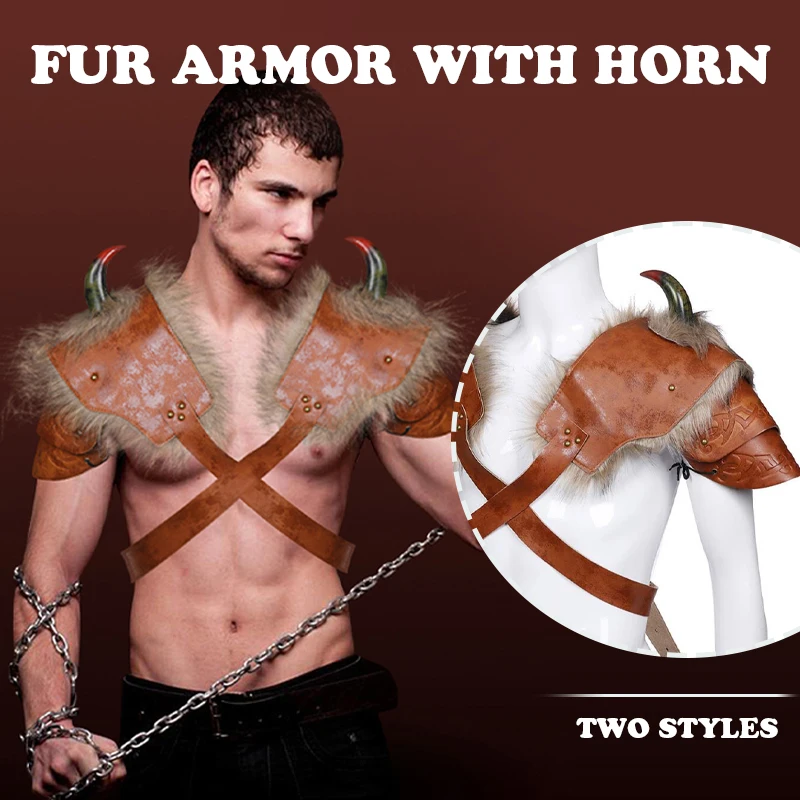 

Warrior Armour Costume Cosplay Adult PU Leather Brown Fur Viking Shoulder Armor With Horn Halloween Carnival Party Costume Prop