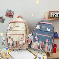 cute badge pin girls backpack large capacity korean simple school bags teens female harajuku fashion travel book bagpack wy305