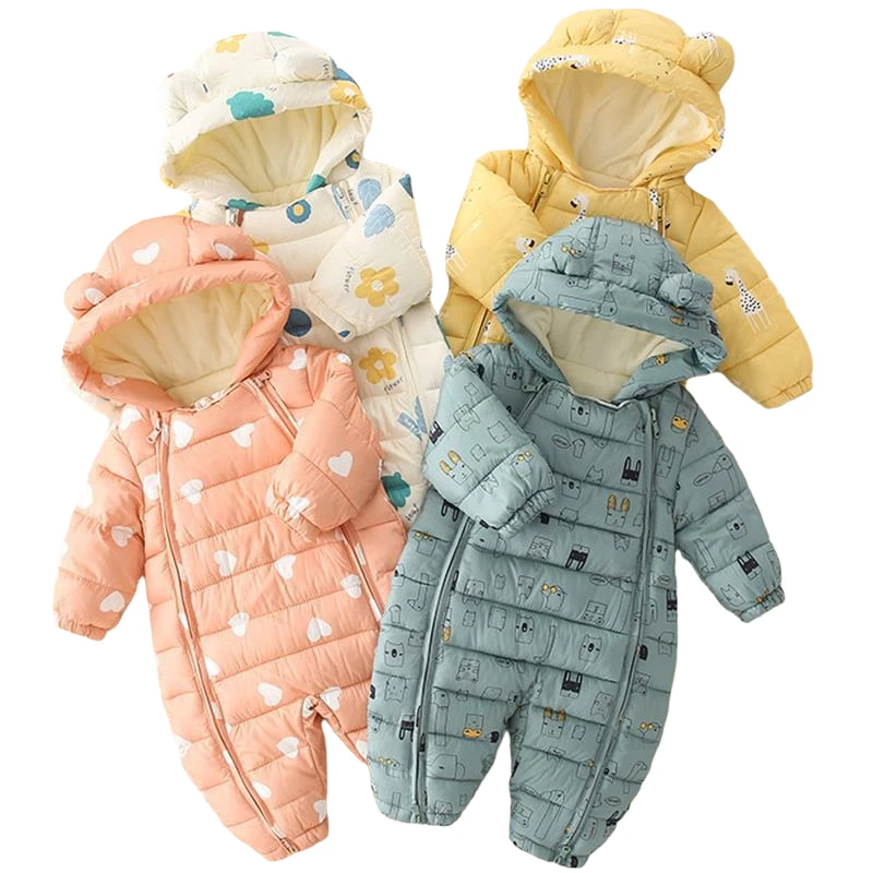 Newborn Down Parkas Baby Rompers Autumn Winter Boys Girls Toddler Cartoon Cotton Thick Velvet Infant Warm Jumpsuits  Snow Wear