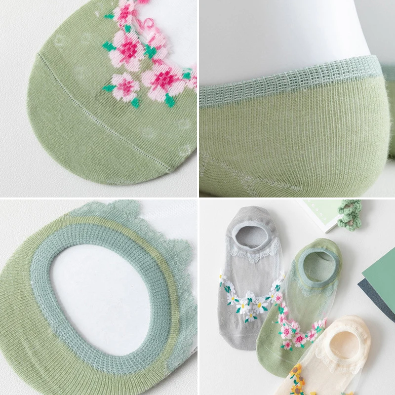 

Summer Floral Thin Low Cut Socks Women Flowers Lace Sheer Socks Patchwork Silk Elastic Cotton Socks Lady Breathable Ankle Socks