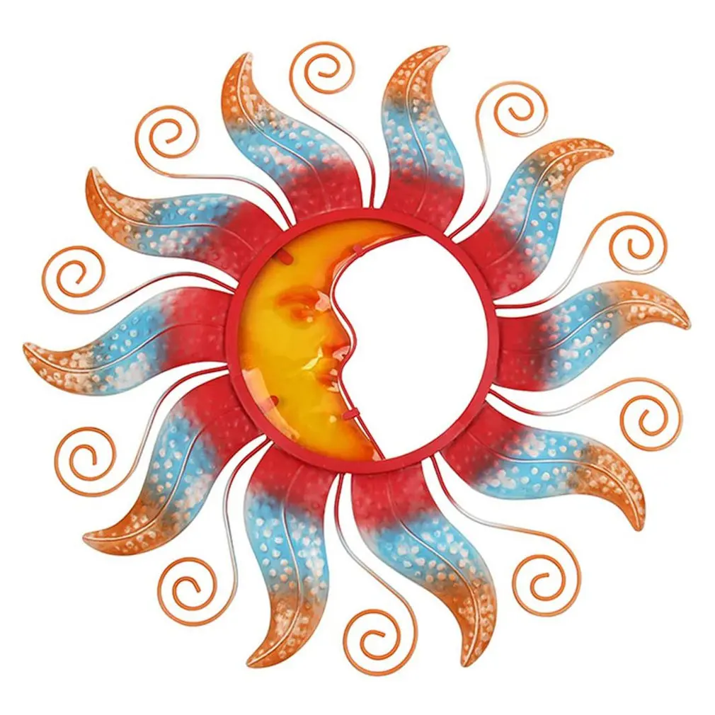 

Outdoor Metal Sun Wall Decoration Moon Glass Sculpture Color Hanging Decoration For Terrace Garden Or Living Room
