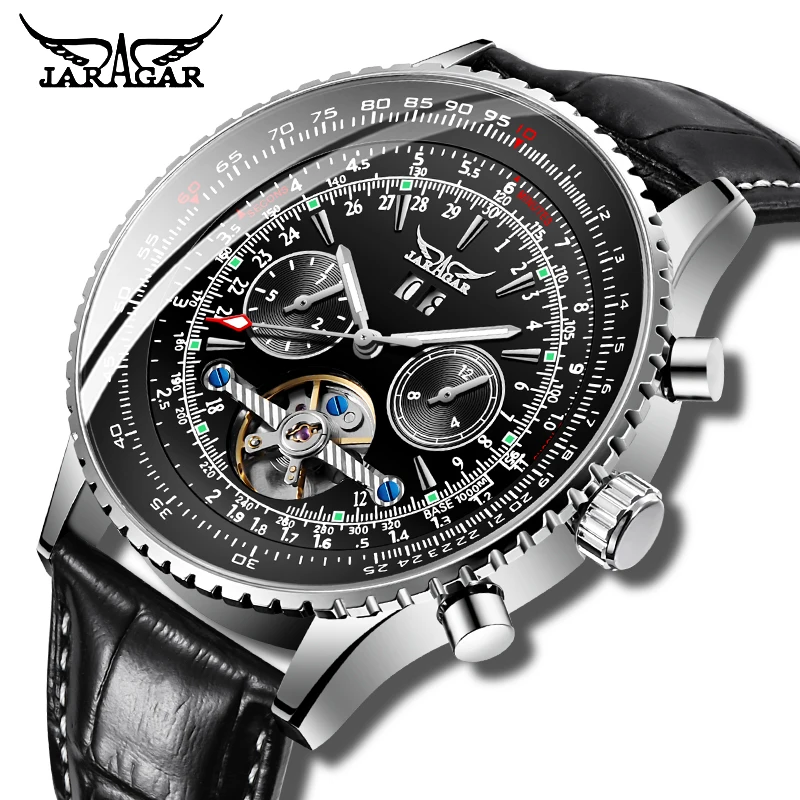 Часы JARAGAR Мужские автоматические черные деловые спортивные с календарем и