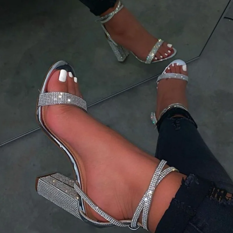 

Стразы с ремешком на щиколотке блестящие женские туфли на молнии для невесты на блочном каблуке с открытым носком для вечеринки пикантные ж...