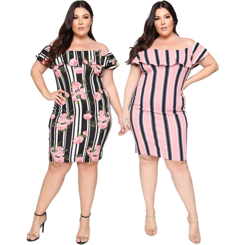 

Summer Plus Size Dress 5xl Sexy Slash Neck Short Sleeves Fashion Casual Style Print Striped Elegant Dress Wholesale Dropshipping