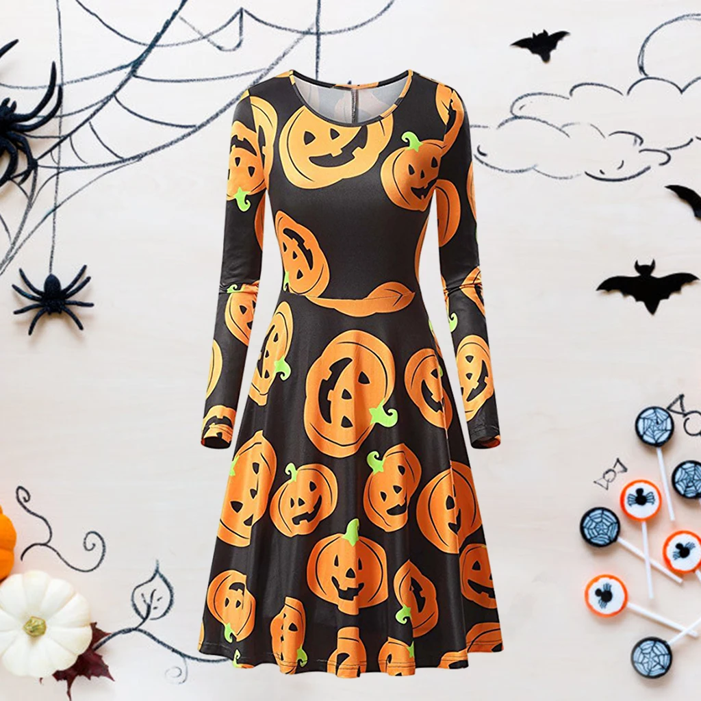 

-Halloween Womens Dress, Printed Dress, Regular Sleeve Dress, Round Collar Dress for Halloween - Pumpkin