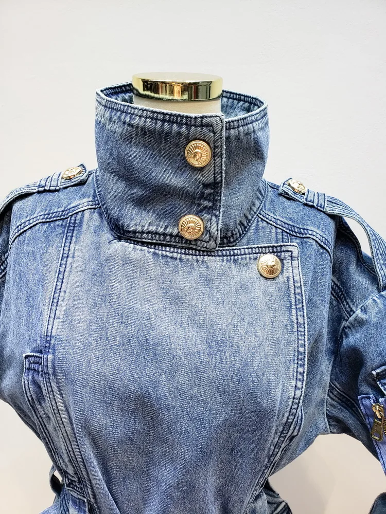 

New Arrival Women Denim Jacket Long Sleeve Gold Button with Belt Vintage Female Beveled Single Breasted Denim Coat