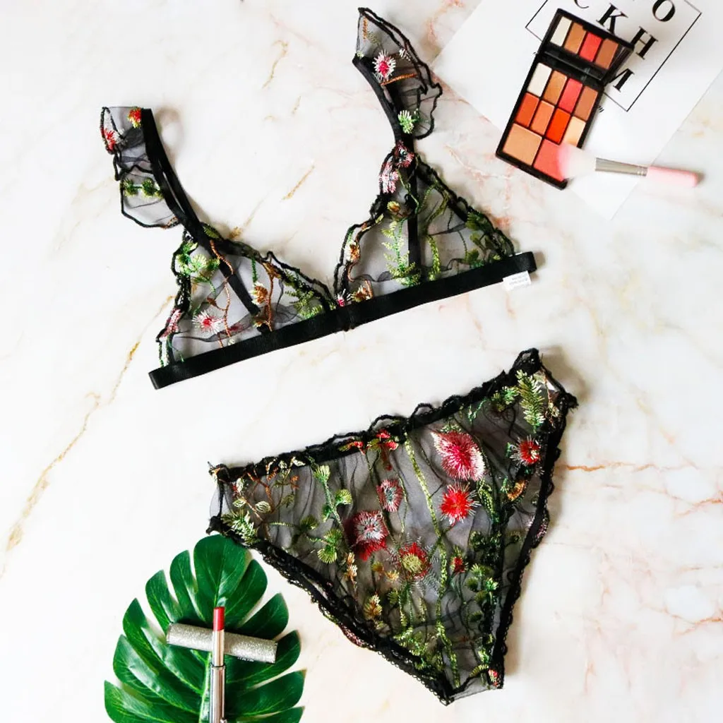 Нижнее белье сексуальный бюстгальтер набор для женщин с цветочной вышивкой на