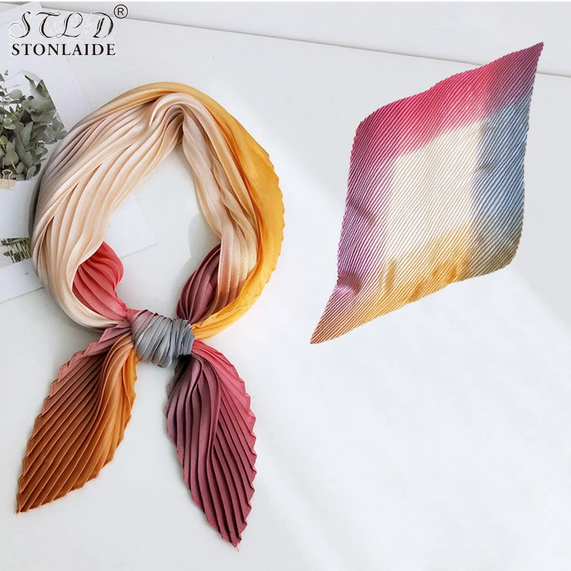 

HOT Pleated Square Silk Scarf For Women Fashion Rainbow Colors Women Hair Bandage Eru Headband Women Kerchiefs Tie Scarfs