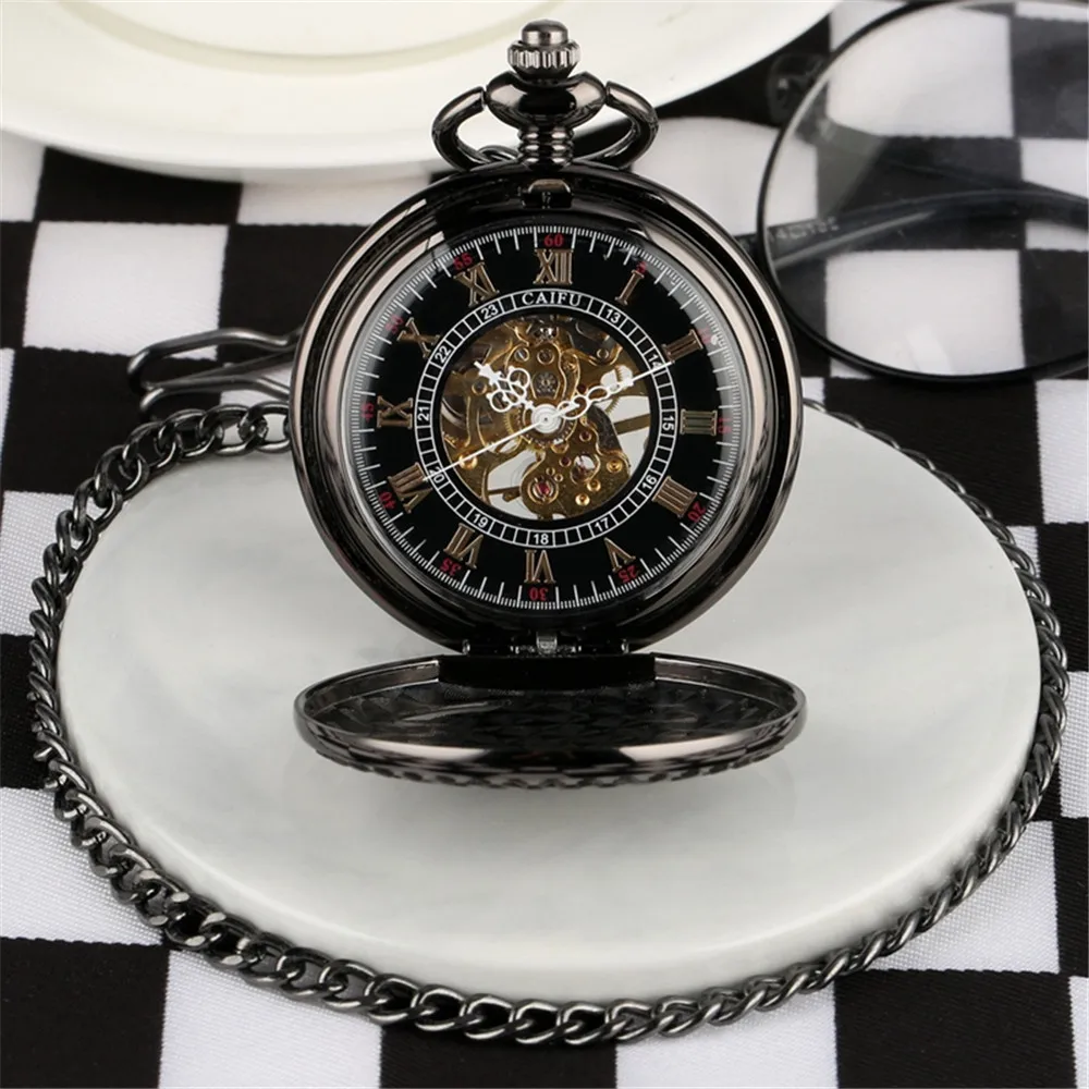 Silver/Black/Rose Gold Steampunk Train Mechanical Hand Winding Pocket Watch Roman Numerals Display Manual Mechanism Pocket Clock