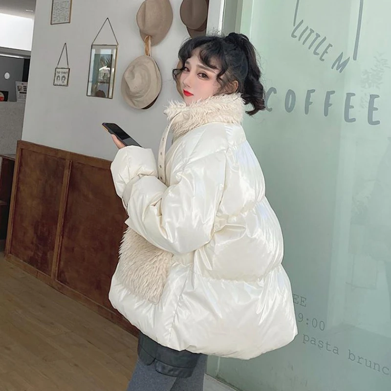 

Unua amo Oversized Winter Jacket Women Patchwork Faux Lambswool Parka 2021 Fashion Glossy Loose Warm Down Padded Coat