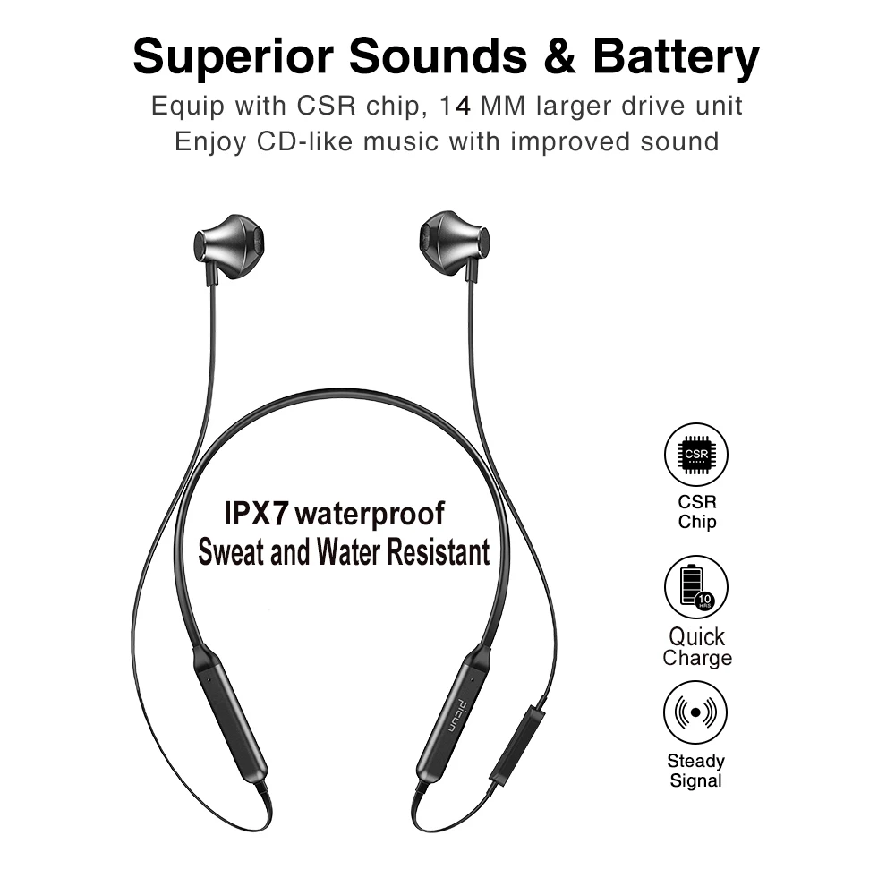 Беспроводные наушники Picun H12 Bluetooth магнитные спортивные с шейным ободом 20 часов