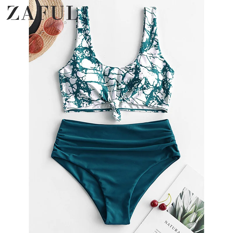 Женский купальник танкини ZAFUL с мраморным принтом узлом и высокой талией