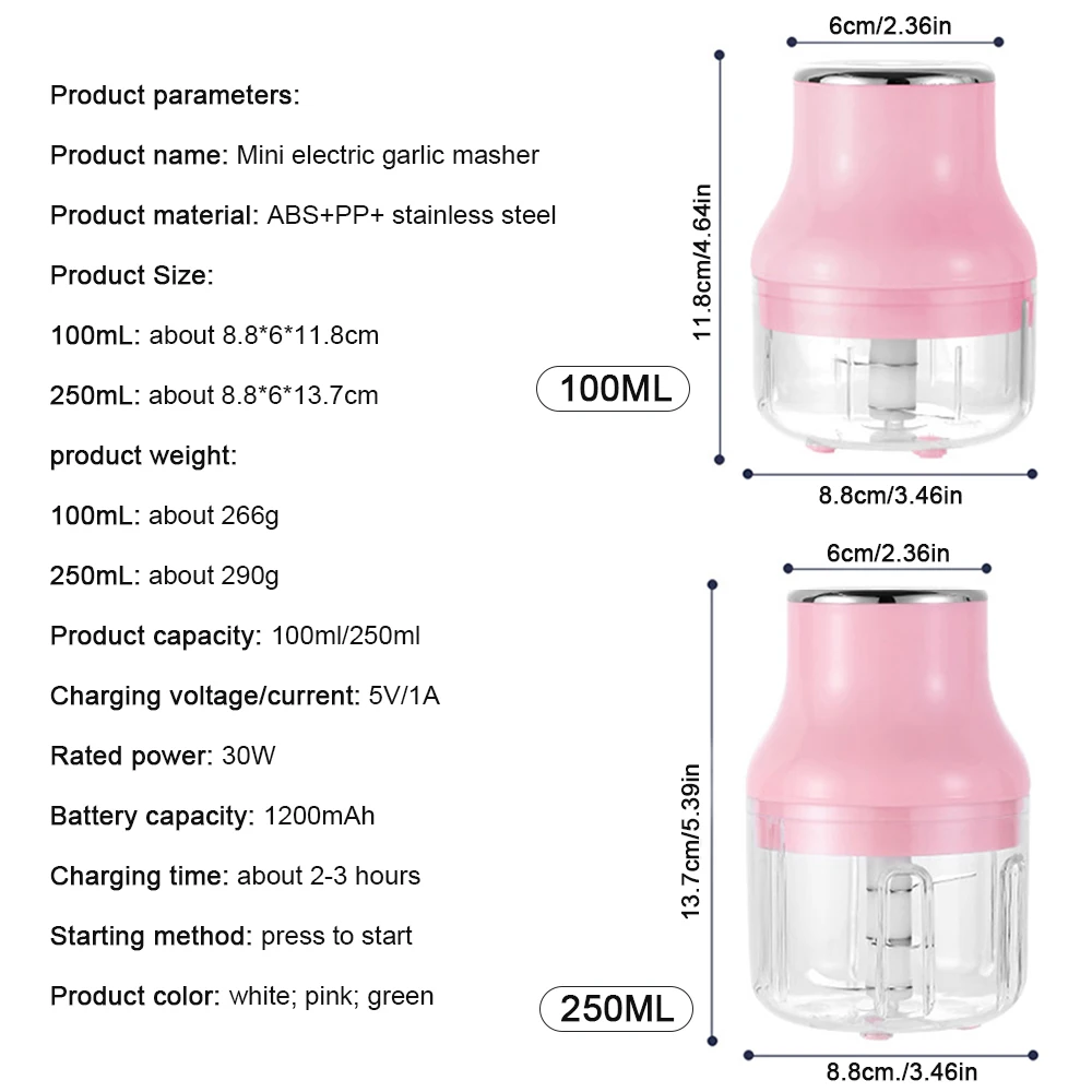 

100/250ml USB Wireless Electric Garlic Masher Food Garlic Vegetable Chopper Grinder Crusher Press Masher Kitchen Supplies