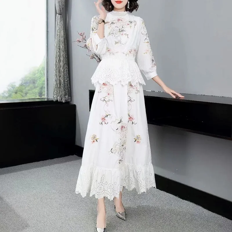 

Quality Brand High New 2021 Spring Long Dress Women Stand Neck Exquisite Embroidery Peplum Long Sleeve White Vintage Maxi Dress
