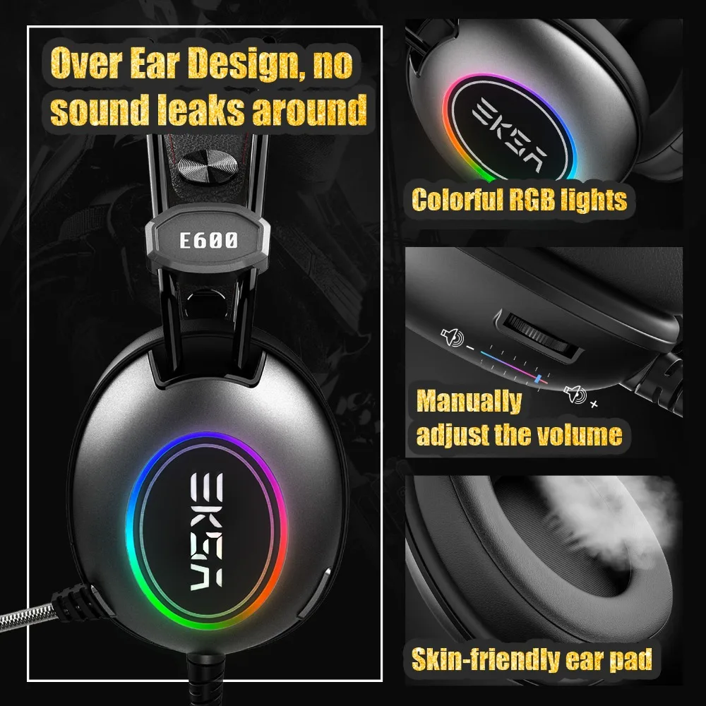 Игровые наушники EKSA Virtual 7,1/50 мм неодимовый драйвер с шумоподавлением Mic RGB Flash led игровая гарнитура для ПК/Xbox/PS4
