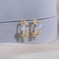 korean charm tiny blue opal women earring 14k real gold micro inlaid zirconia stud earrings wedding engagement brincos bijoux