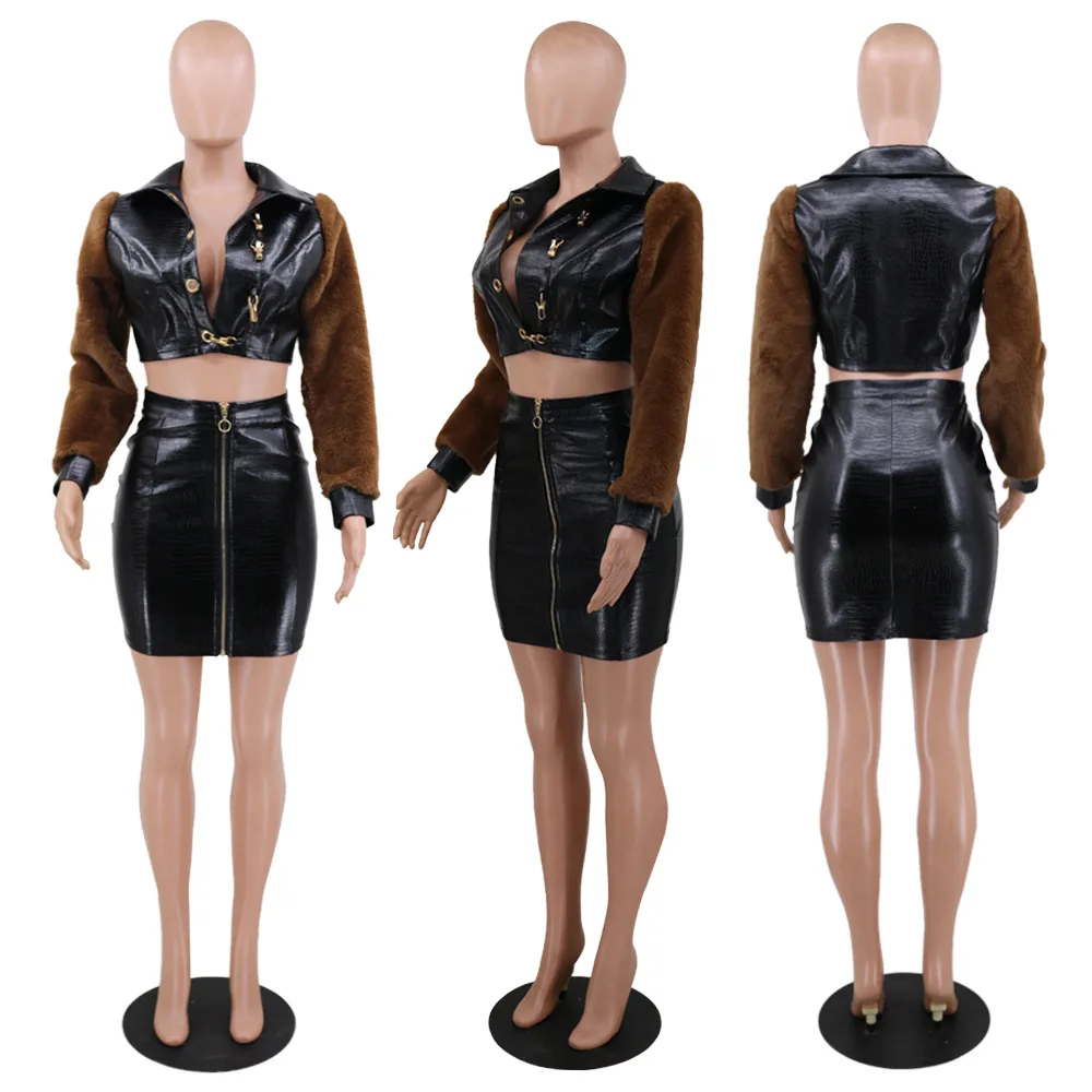 

2020 Winter Women Patchwork Two-Piece Set Lady INS Hottest Deep V-neck Short Coats High Waist Zipper Bodycon Mini Skirts Outfits