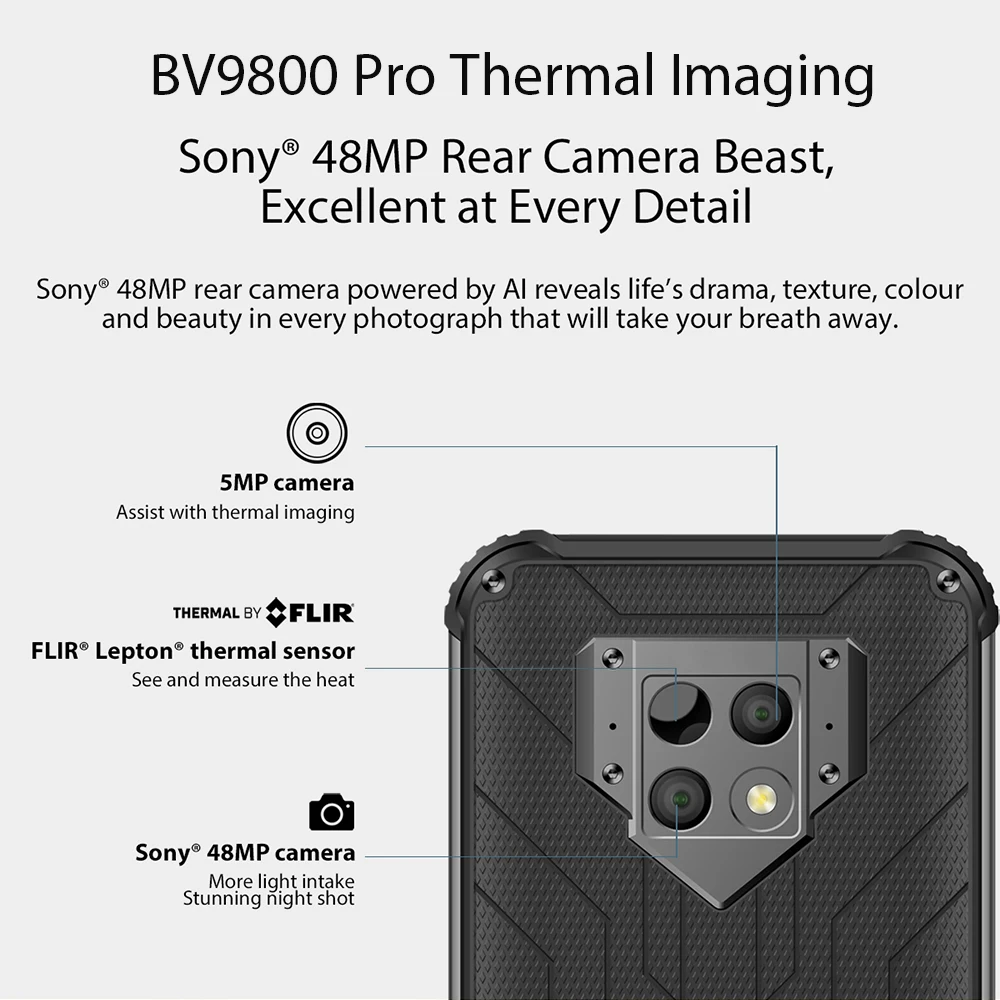 Черный вид BV9800 Pro Глобальный первый термовизионный смартфон 48МП камера Helio P70 6ГБ + 128ГБ 6580мАч прочный телефон.