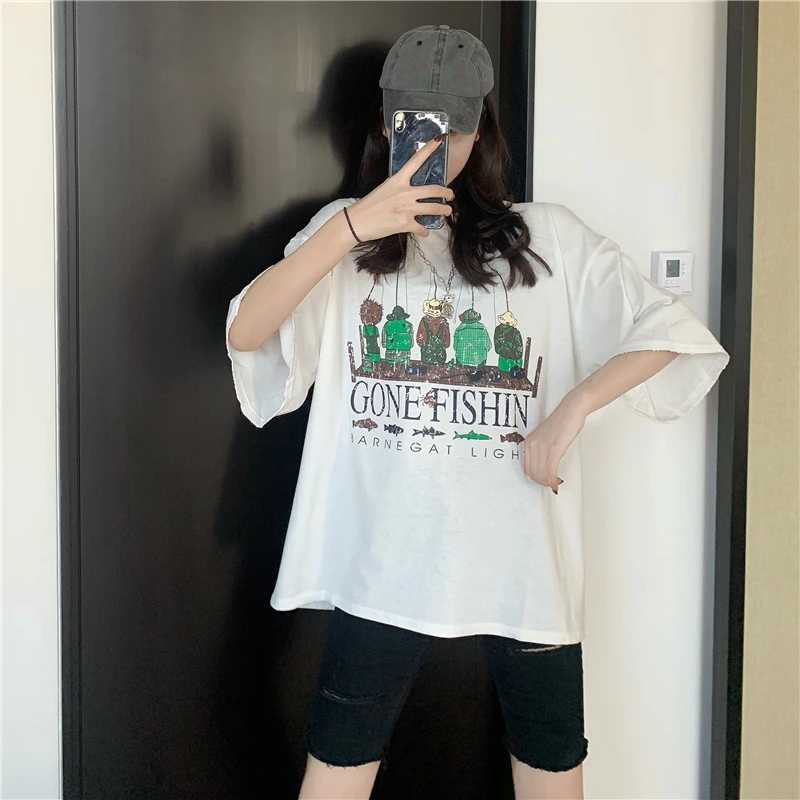 

2363 women new loose Korean retro chic top Japanese short-sleeved Round neck loose fit t-shirt