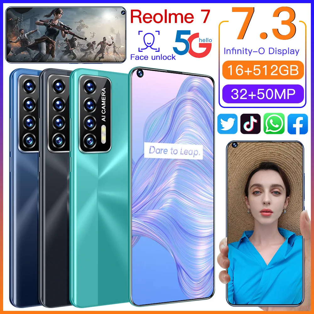 

Global Version Reolme 7 Qualcomm Snapdragon 888 6800mAh Android11.0 16RAM+512ROM 5G 7.3'' Mobile Phone Face Unlock Smartphone