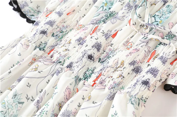 

Chiffon Print Women Slash Neck Elastic Waist Casual Long Dress Female 2021 Newest Summer Butterfly Short Sleeve Runway Vestidos