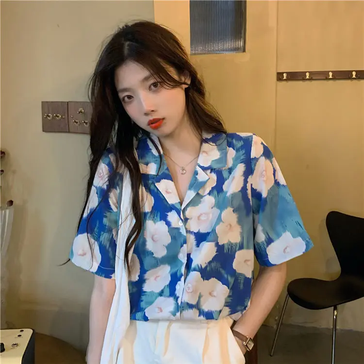 

Blouse Women Shirt 2021 Summer Casual Suit Collar Top Loose Blue Flower Print Blusas Mujer De Moda