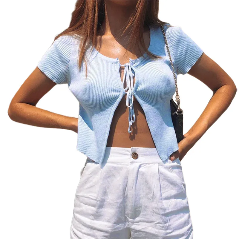 Женский летний ребристый вязаный кардиган сексуальные трикотажные укороченные