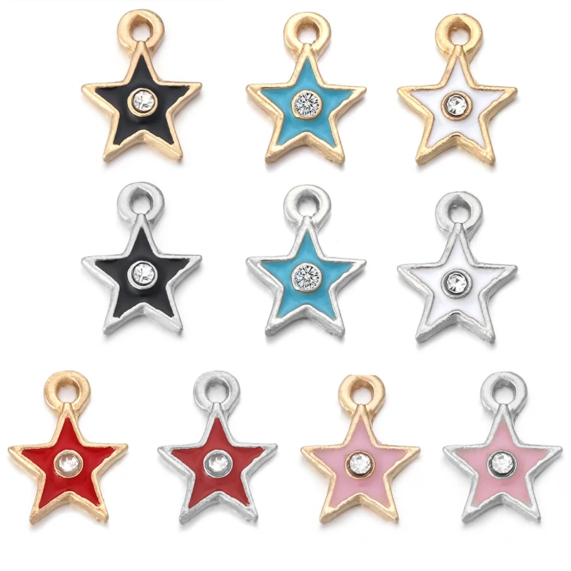 

SAUVOO 10pcs Gold Silver Color Five-pointed Star Enamel Pendants for Crafting Jewellery Making Micro Pave CZ Beads Findings