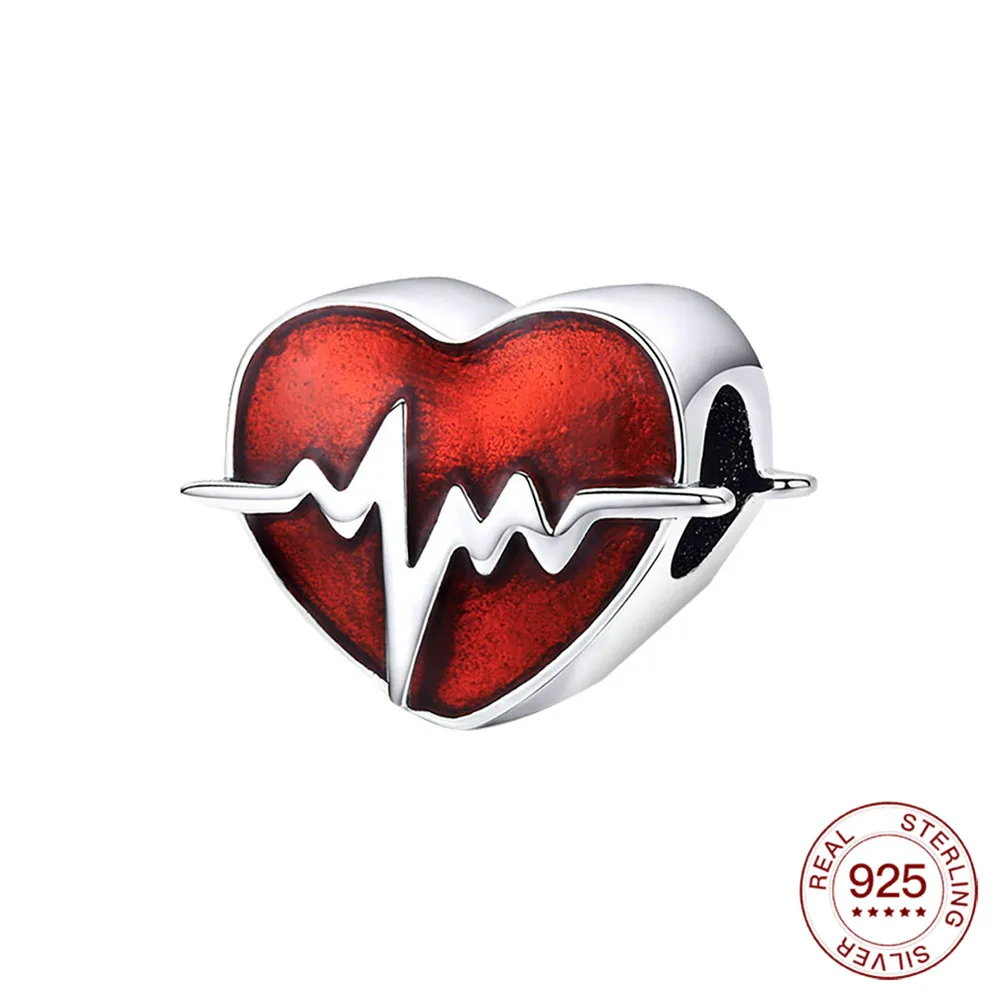 

New 925 silver Red heartbeat charm bead Fit Original Pandora Bracelet for women fashion jewelry loved gift