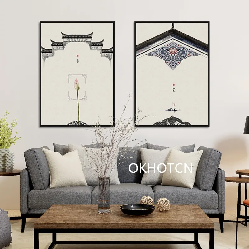 Китайская классическая архитектура Лотос красное солнце настенная Картина на