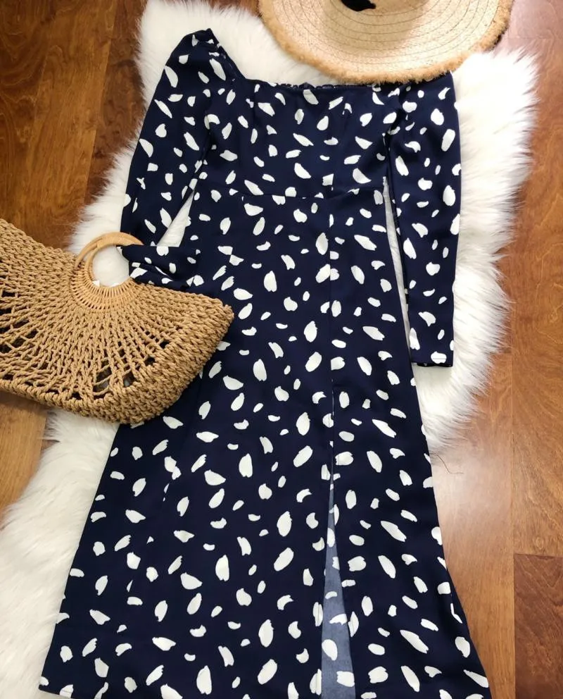 2020 New arrive vintage Dot print midi dress square neckline long sleeve women clothes | Женская одежда