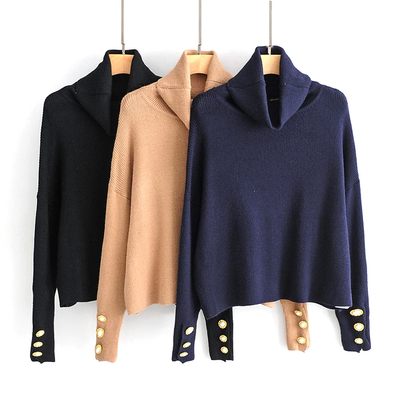 Winter Spring Casual Basic Solid Knitted Loose Short Sweaters Oversized Buttons Long Sleeve Stretchy Pullovers Female | Женская одежда