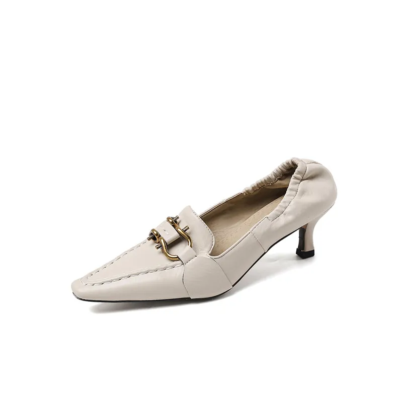 

FOREADA Woman Pumps Metal Decoration High Heels Square Toe Thin Heel Shoes Dress Elastic Band Ladies Footwear Yellow Beige 34-46