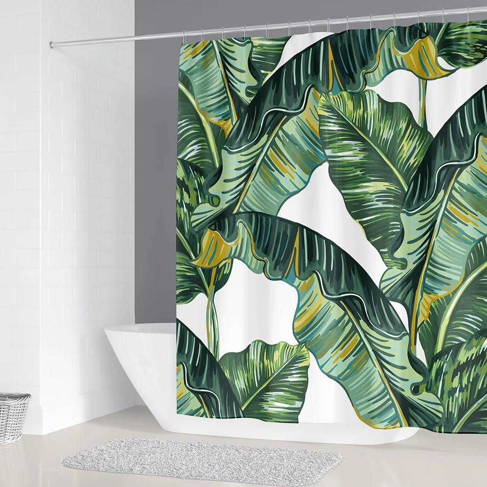 

Leaves Fabric Shower Curtain Waterproof Tropical Plants Modern North Europe Style Mildew-Resistant Design Bath Curtain with Hook