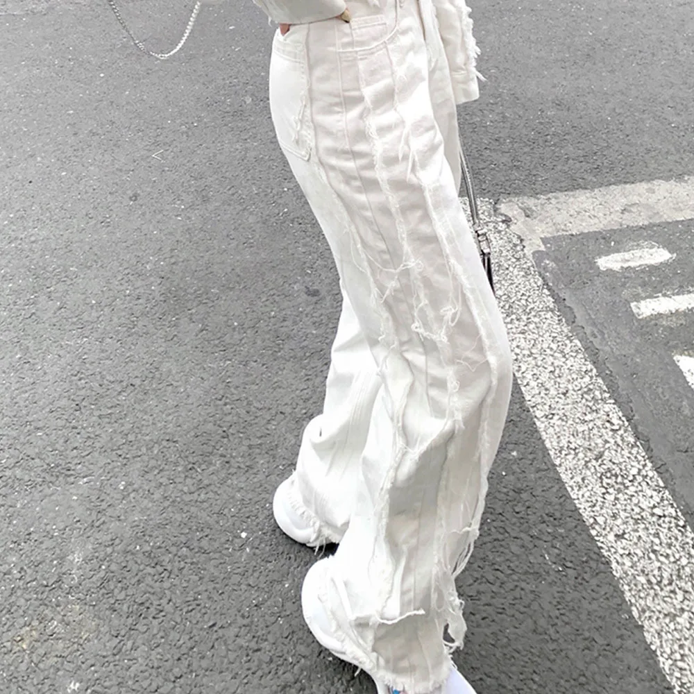 Fall 2021 New Fashion Chic Raw Edge Design Harajuku Street High Waist Straight Wide Leg Jeans Women All-match Denim Trousers |
