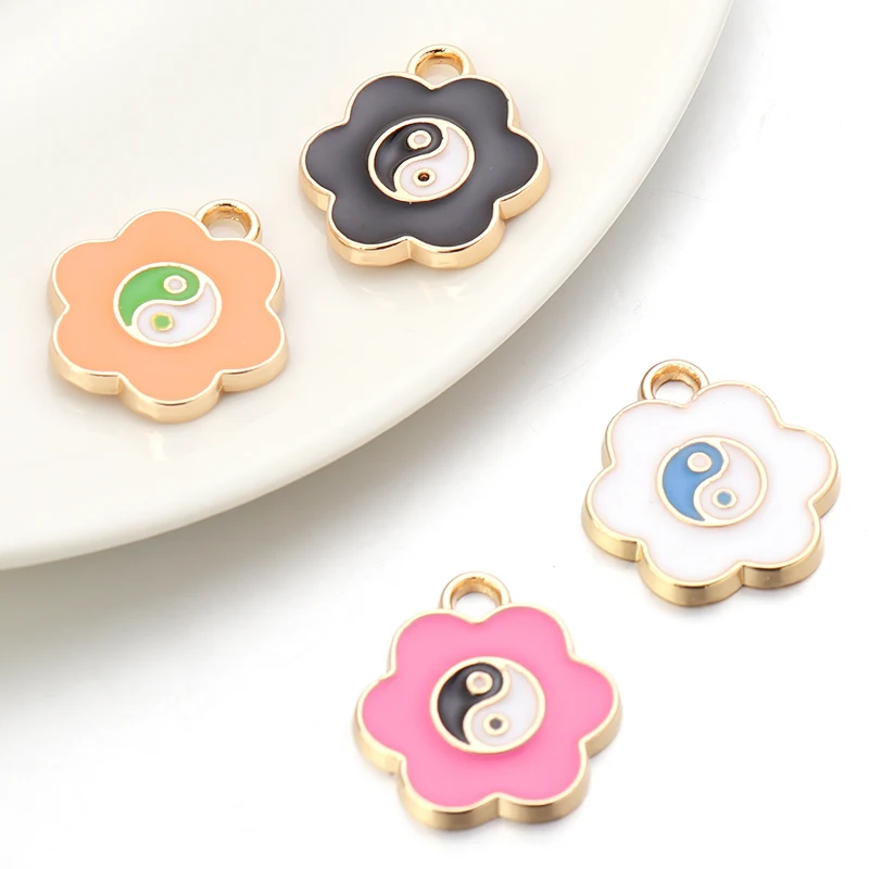 10pcs Enamel Cute Flower Charms Tai Chi Yin Yang Bagua Pendant Charm For DIY Bracelet Necklace Jewelry Making Accessories - купить по
