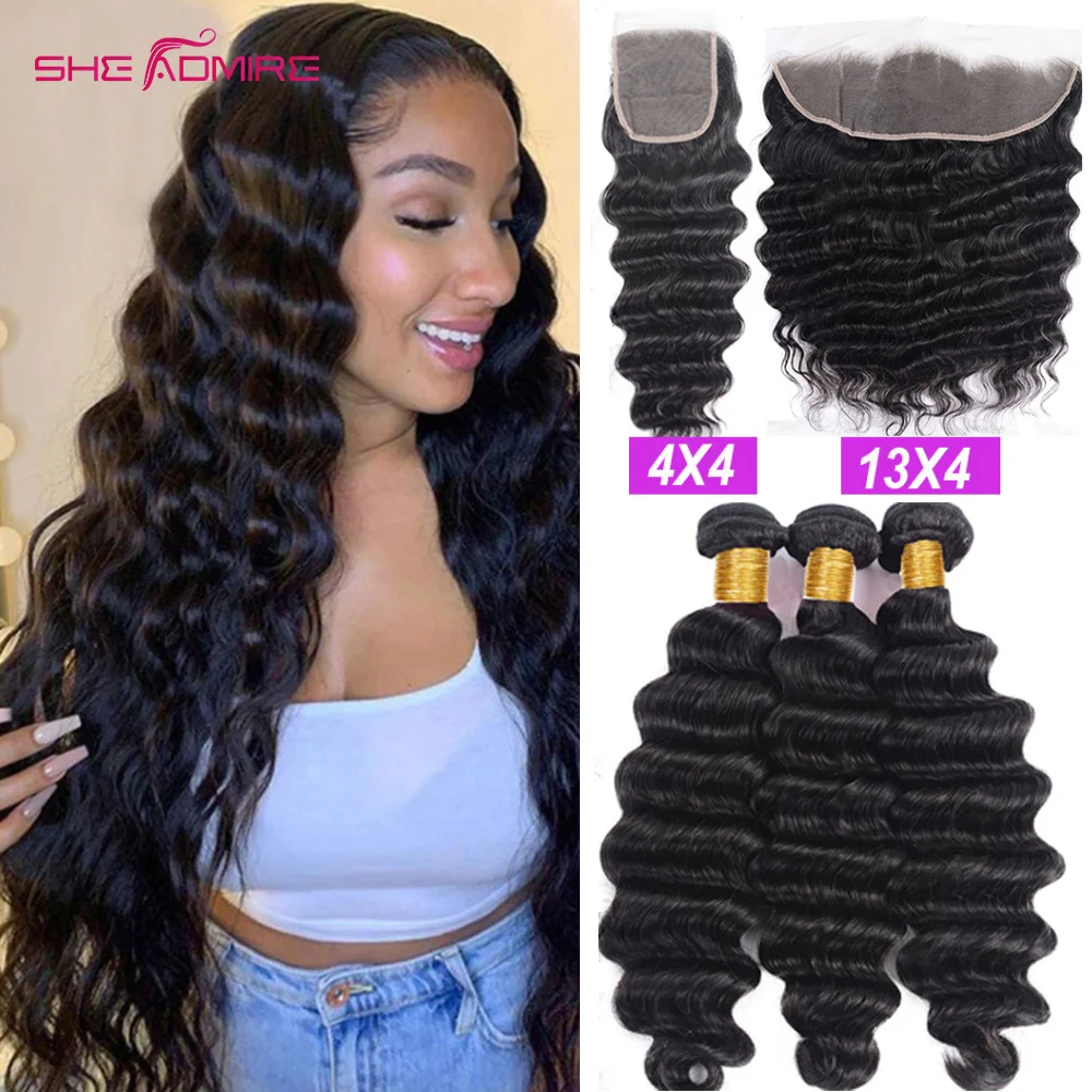 Loose Deep Wave Human Hair Bundles With Closure Brazilian Remy Hair Extension Natural Black Bundles With 13X4 Lace Frontal