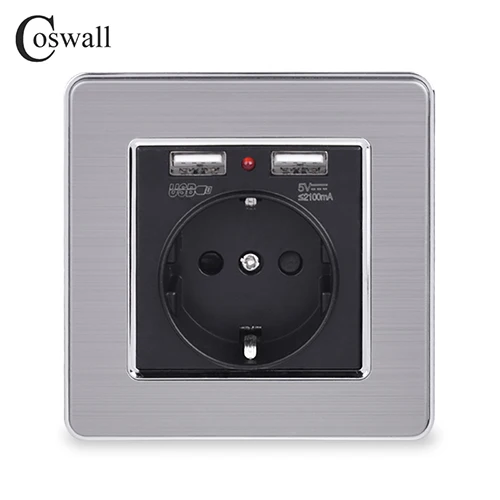 Black Coswall, двойной usb порт для зарядки, 5 В, 2,1 А, светодиодный индикатор, 16А, настенная розетка европейского стандарта, панель из нержавеющей стали, серый, черный, белый, золотой - Тип: Black