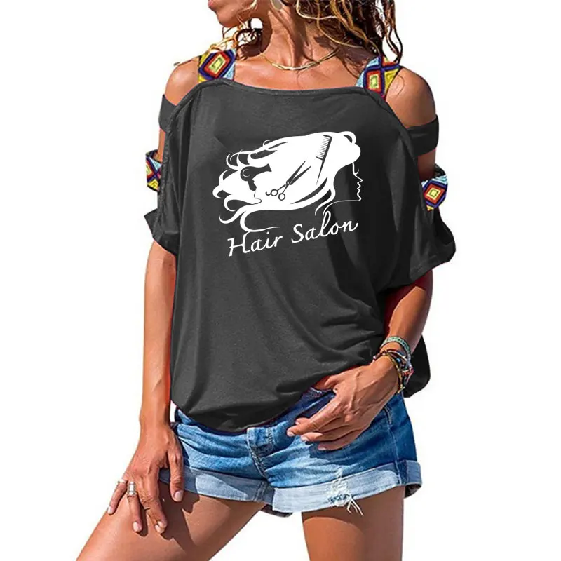 

Barbershop Scissors Hair Salon Hairdresser Print Plus Size T-shirt Women Music Lover Summer Cotton Sexy Hollow Out Shoulder Tees