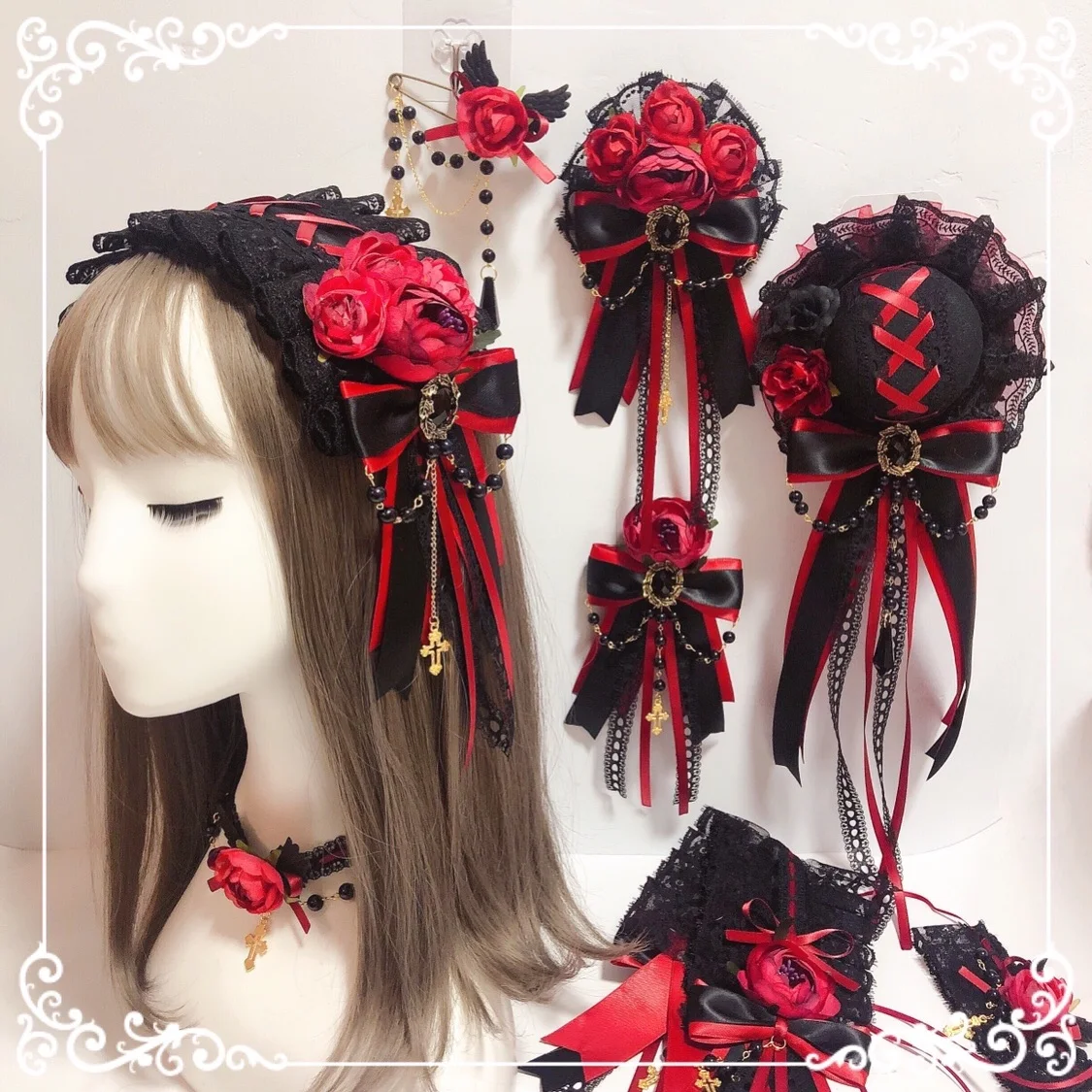 

lolita wine red ornate hair accessories hair band hat flower pill elegant gothic ornament lolitas headdress wine red