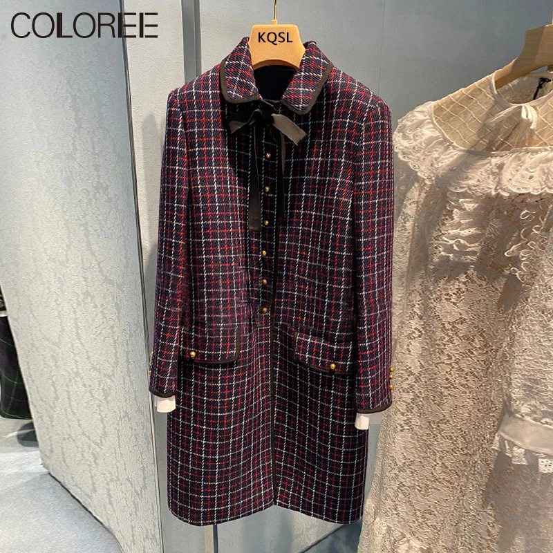 

Autumn Winter Coat Women 2021 Runway Designers Fashion Vintage Plaid Medium Long Wool Coat Women Elegant Bow abrigo mujer