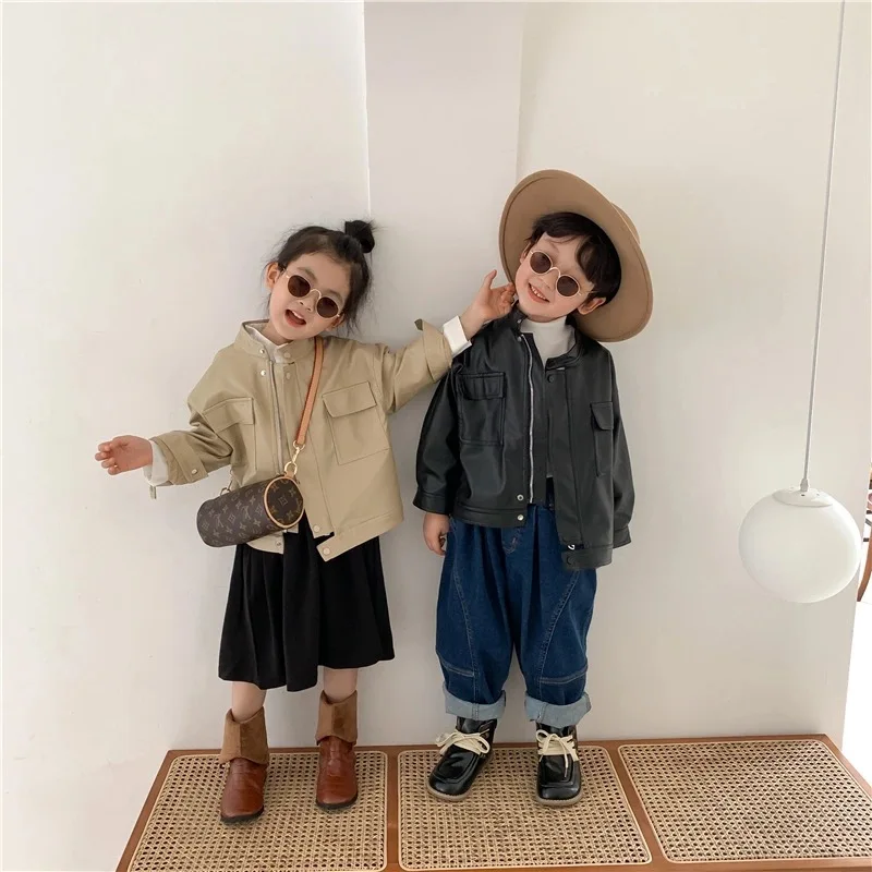 

New Boys and Girls Jackets PU Fashion Kids Coats 2021 Autumn Baby Children Tops Zipper Locomotive Clothing Pockets, #6439