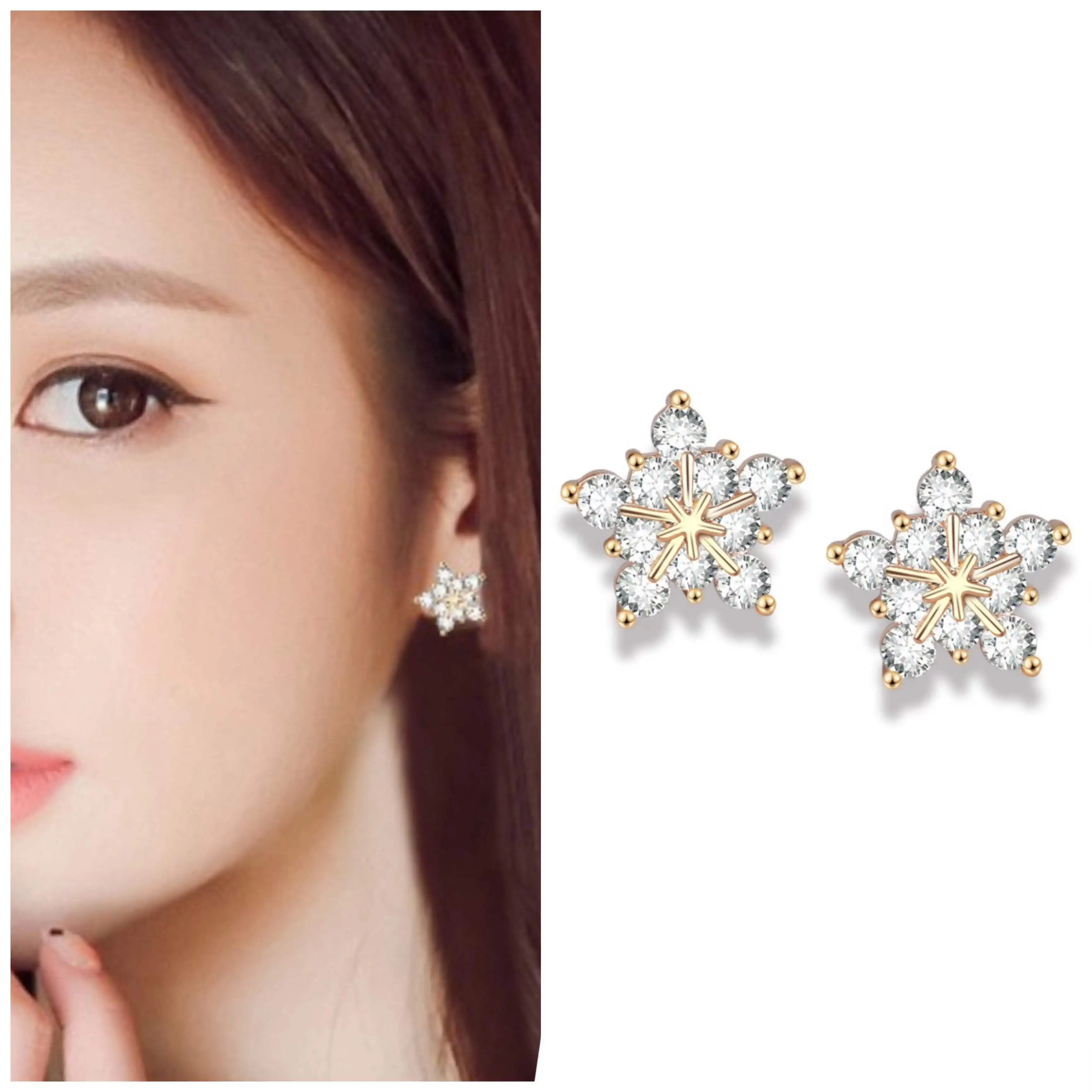 

AMC Korea Shiny Crystal Star Snowflake Stud Earring AAA Cubic Zircon Ear Studs Bridal Wedding Party Jewelry Gifts For Women