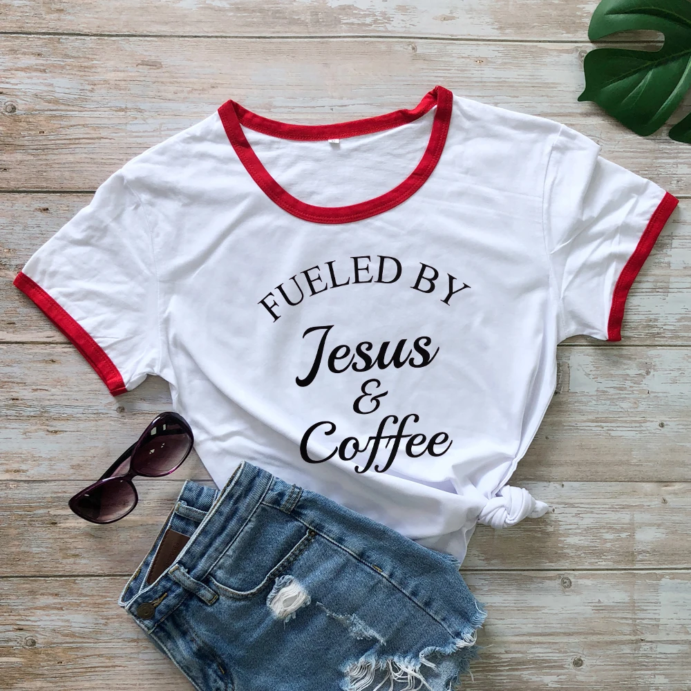 Fueled By Jesus& coffee Футболка женская Религиозная Христианская графическая Футболка Топ модная женская Мотивационная Библейская стих церковная футболка