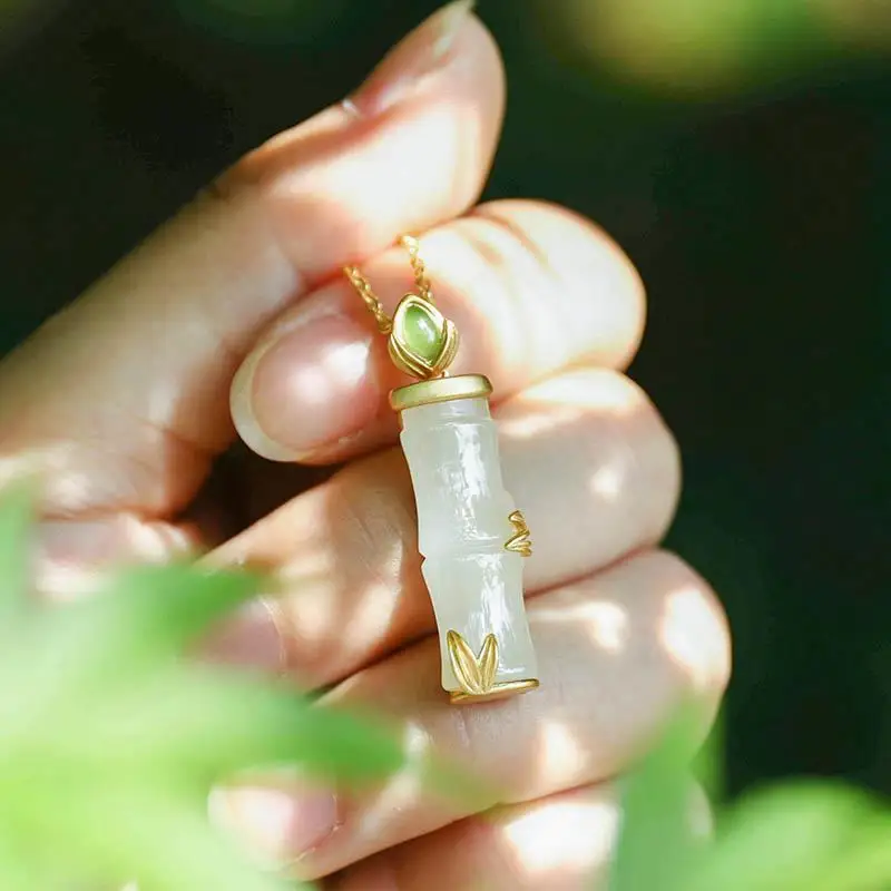 

[Sorge] Natural Hetian Jade White Jade Bamboo Vintage Women's Necklace 925 Silver High Bamboo Silver Pendant